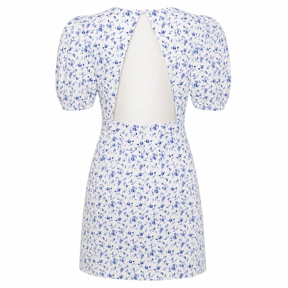 NWT Forever 21 Mini Dress Blue White Floral Puff Sleeve Open Back Cottagecore M - Picture 8 of 13